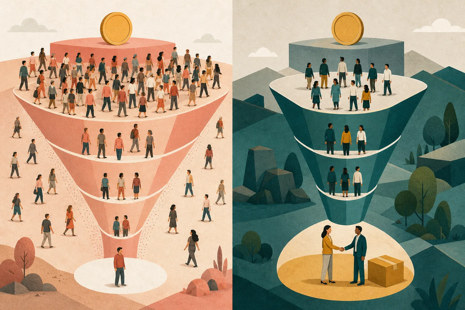兩條廣告漏斗比較：左側吸引大量訪客但沿途流失，右側人數較少卻有較多人走到合格與成交