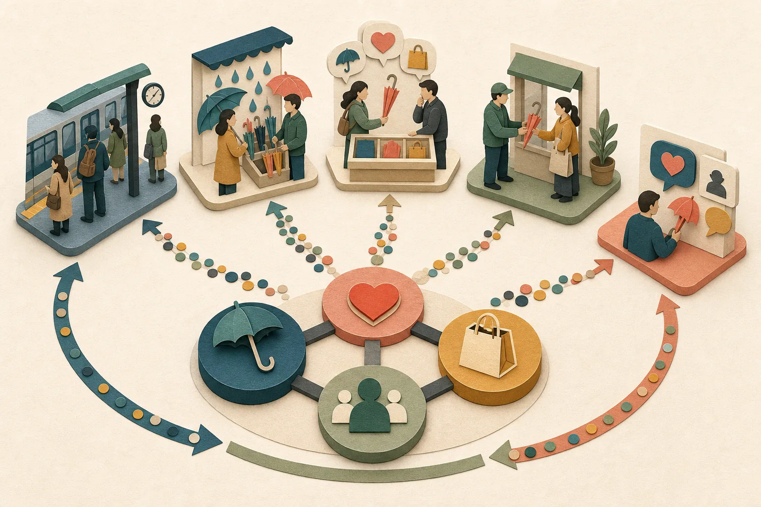 一個小型市場測試桌依序檢查通勤者任務、雨傘使用、價格選擇、購買通路與溝通反應，證據再回饋到四個決策模組